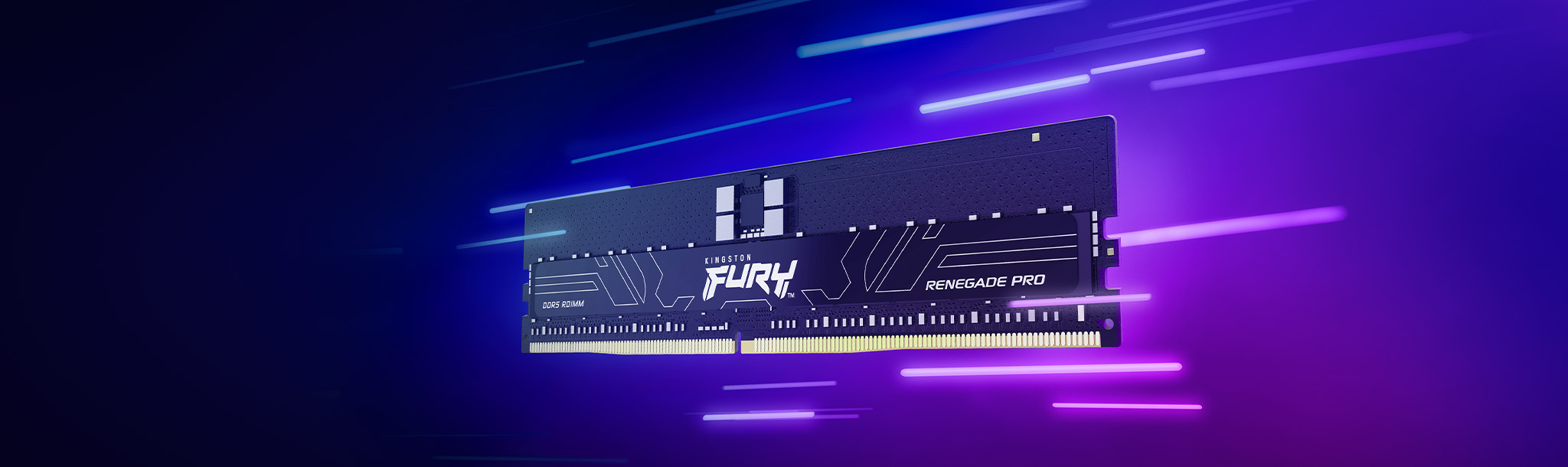 一款 Kingston FURY Renegade Pro DDR5 RDIMM 在蓝紫交织的超空间中穿梭